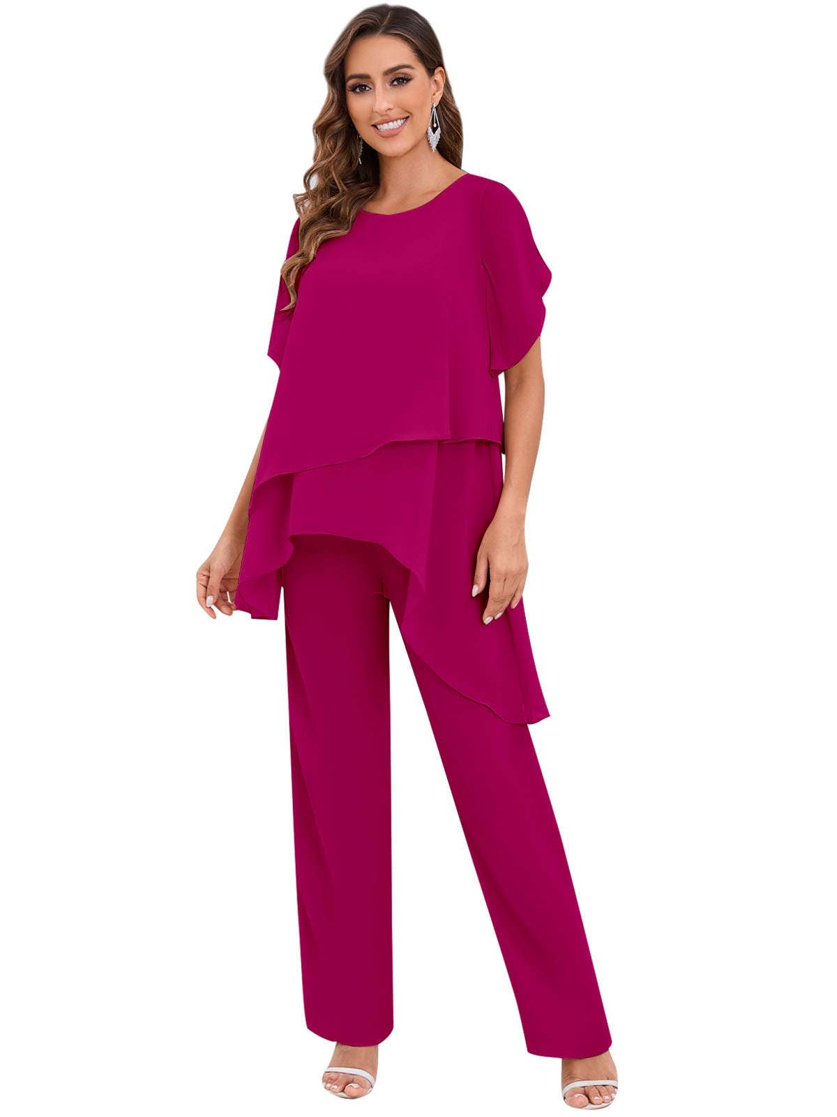 Aootumi 2 Pieces Mother of The Bride Pant Suits for Women Dressy Chiffon Sets Ruffle Layers Formal Wedding Guest Outfit