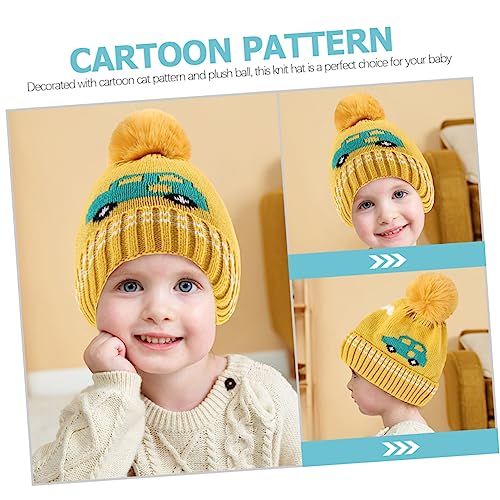 Cartoon Car Knit Baby Hat with Plush Ball Warm Ear Covering Beanie for Boys and Girls Winter Toddler Cap for Newborns and Infants Yellow3