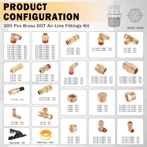 Image of CheeMuii 300 Pcs Brass DOT Air Line Fittings with Brass Pipe Fittings Kit Push Lock DOT Air Fittings Push to Connect Fittings 1 /8 inch 1 /4 inch 3 /8 inch 1 /2 inch Quick Connect Air Hose Fittings Assortment