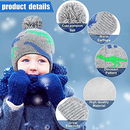 Satinior 4 Pcs Baby Boy Toddler Dinosaur Hat And Glove Set Boys Winter Beanie Kids Gloves Earflap Fleece Skiing Caps With Warm Ear Flap (Grey, Navy Blue, Green, Blue) #TOP2