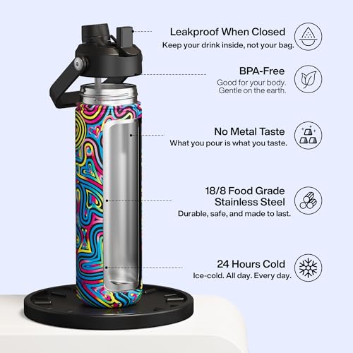 Image of ENCOOL Insulated Water Bottle with Straw Stainless Steel Water Bottle, Leak-Proof, BPA-Free, Double Wall Vacuum Keeps Cold for 24 Hours for Sports, Travel, School (26 oz, Heart Swirl Black)