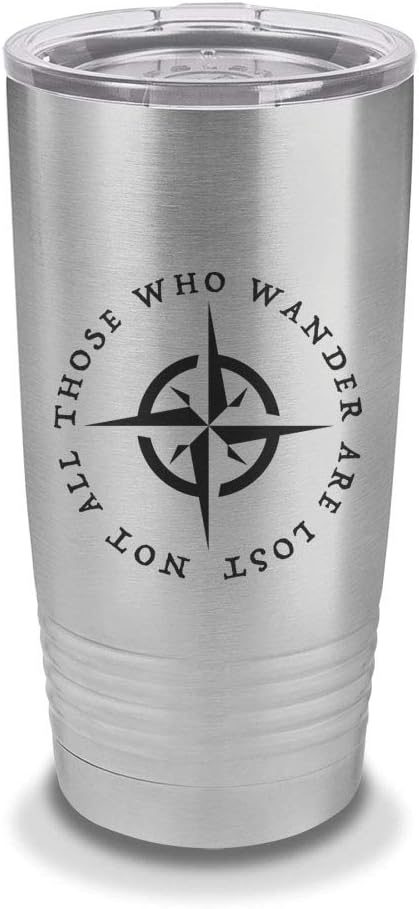 Not All Those Who Wander Are Lost 20 oz Laser Engraved Polar Camel Stainless Steel Vacuum Insulated Tumbler w/Clear Lid compass - Customizable - Red