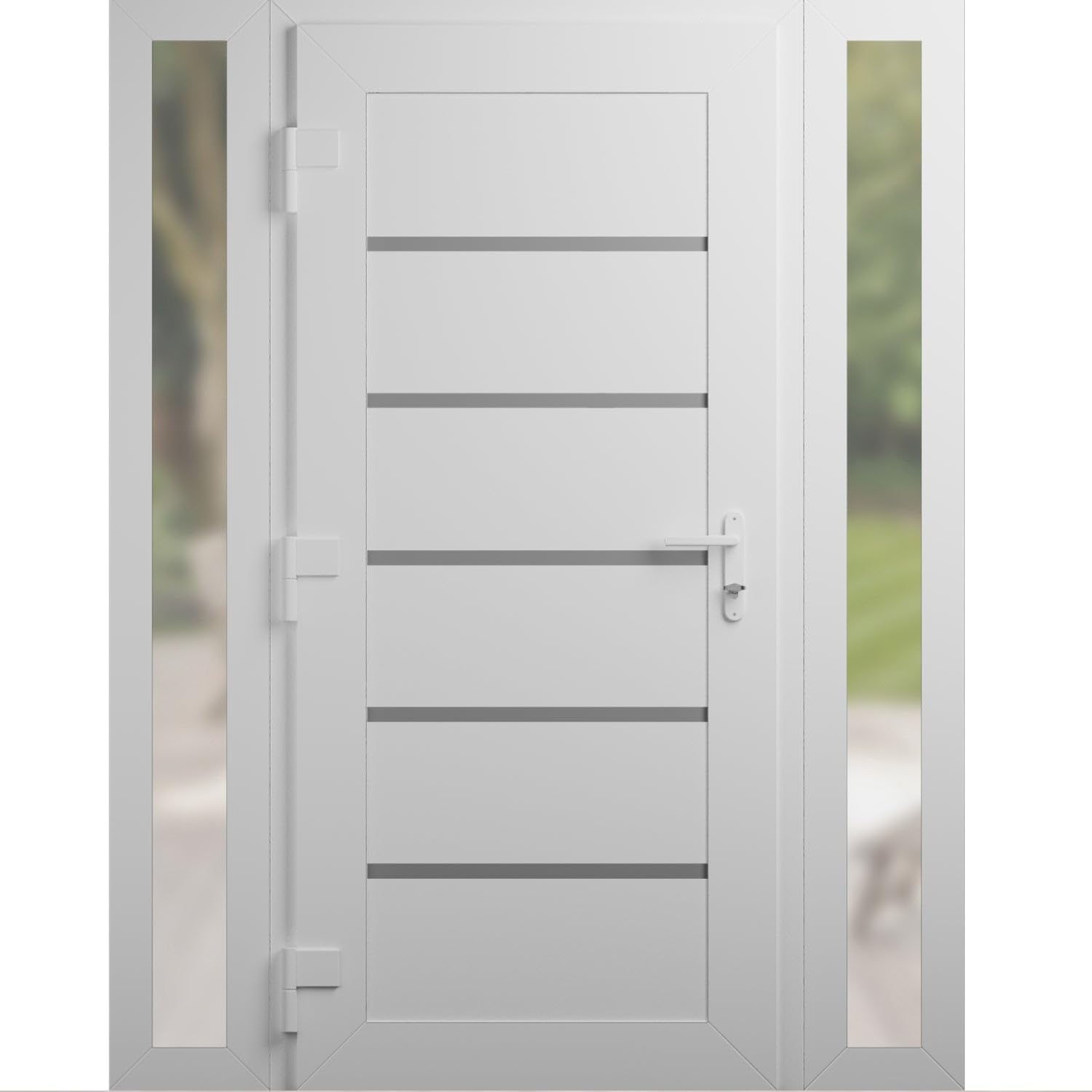 VDOMDOORS Front Exterior Prehung Metal-Plastic Door | Manux 8415 White Silk | 2 Side Sidelite Transoms | Residential Doors Entrance Patio Garage 60 x 80 (W12+36+12 x H80) Left-Inswing