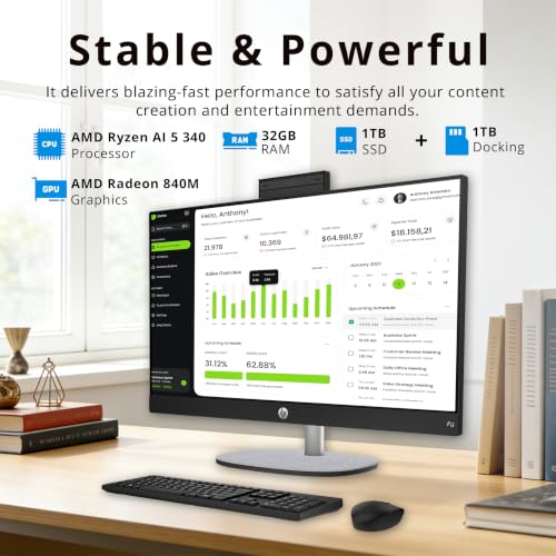 Image of HP 23.8 inch FHD Touchscreen All-in-One Desktop AI PC, AMD Ryzen AI 5 340, 32GB DDR5, 2TB Storage (1TB SSD+1TB Docking Station), FHD IR Camera, Wi-Fi 6, Wireless Keyboard & Mouse, Win11 Pro, Black