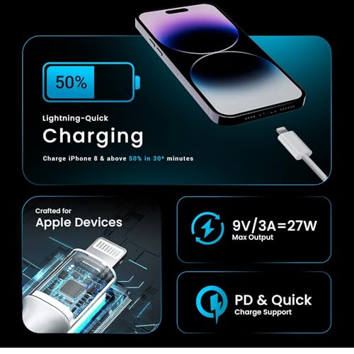 Image of KALIAT 30W Fast Charging Cable | 2M Certified Type C to Lightning Cable for iPhone 15 14 13 12 11 Pro Max, iPad | Appple Original USB-C to Lightning Wire A- Black
