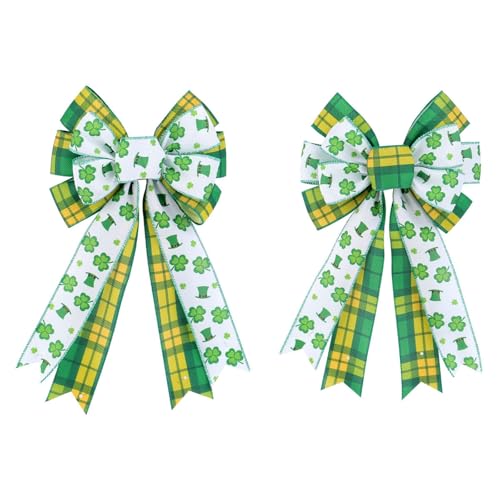 Shamrock Bow Tree Topper Wreath Decorations, 2 Pack Green Shamrock Party Decor Ribbon Bows, Irish Holiday Crafts Ornaments for Front Door Wall Decoration for Trees, Stairs, Fireplaces