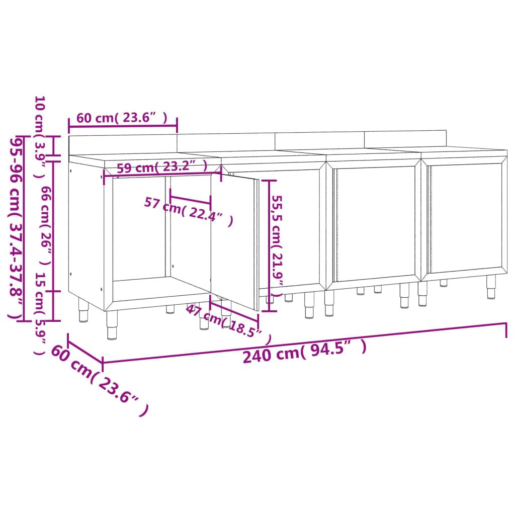 Armadietto da lavoro in acciaio inox, 240 x 60 x 96 cm, piedini regolabili, set da 4 pezzi, con bordo di 10 cm, per gastronomia, ristorante, hotel, catering, cucina commerciale, forniture