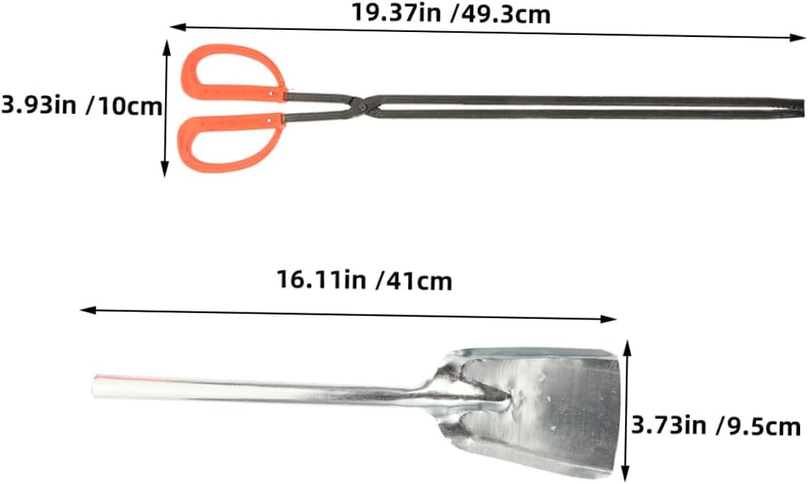 WOONEKY 2pcs Fireplace Tool Set with Fire Tongs and Ash Shovel, Small Heavy-Duty White Iron Coal Scoop with Red Plastic Handle, Outdoor Fire Pit and Indoor Stove Accessories for Camping