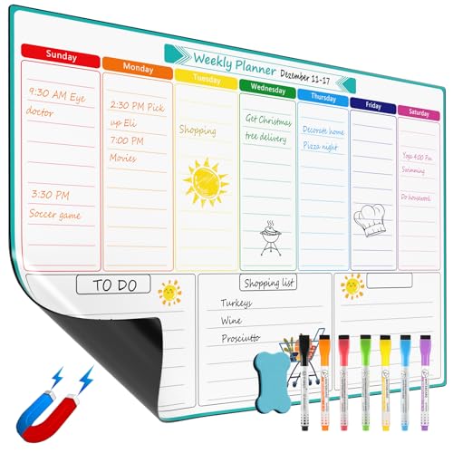 Image of MaxGear Weekly Dry Erase Board for Fridge, Magnetic Calendar Whiteboard Planner for Refrigerator with Stain Resistant Technology, Include 7 Fine Point Markers and 1 Eraser, 16"x12"