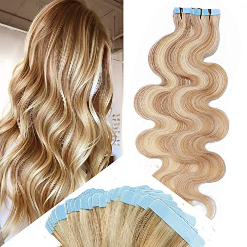Hairro Tape in Human Hair Extensions Down 16 Inch Ash Blonde Mix Bleach Blonde