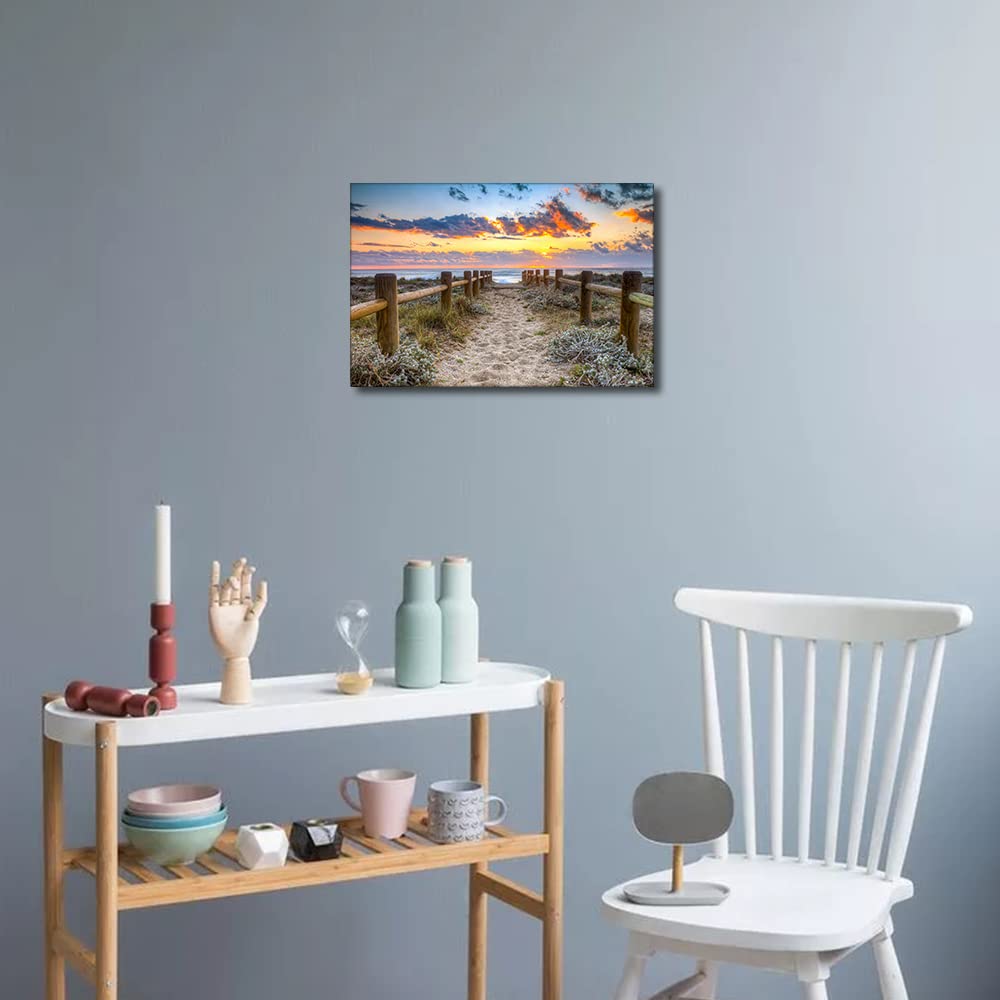 Canvas Wall Art Sand Path to Sea Coast at Sunset Landscape Painting Seaside Picture for Living Room Bedroom Home Decor Framed Ready to Hang 8x12in - Image 4
