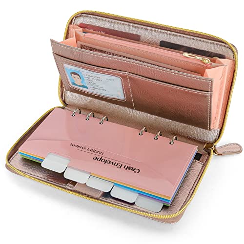 PENDELY Cash Envelope Wallet - Budget Wallet with Cash Envelopes, All in One Money Wallet Organizer for Women Budgeting with Monthly Budget Cards & Yearly Budget Planner Sheet RFID Blocking(Rose Gold)