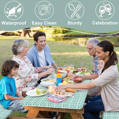 Image of misaya Picnic Table Cover with Bench Cover, Waterproof Elastic Fitted Tablecloth for 6 Foot Tables, Rectangle Washable Polyester Tablecloths for Picnic, Camping, Outdoor (Teal, 30 inch x 72 inch)