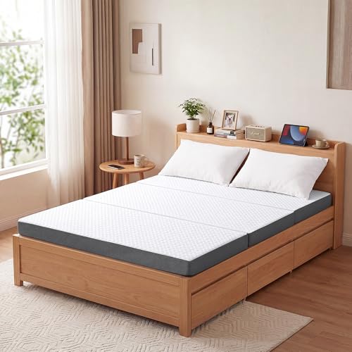 Image of MASVIS Trifold Mattress, 4 Inch Memory Foam Foldable Mattress with Washable Cover, Tri-Folding Floor Bed for Camping, Queen