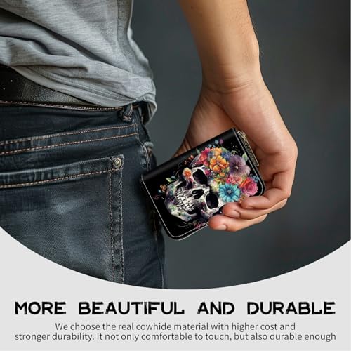 Image of Cute Credit Card Holder with Zipper, Sugar Skull Flowers RFID-Blocking Card Case Small Wallet for Women Men, Multi-slot Card Organizer Case Travel Accordion Wallet