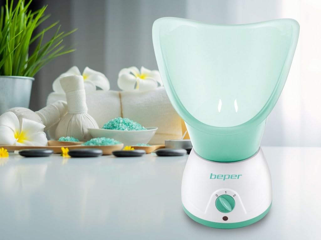 BEPER 40.967N Gesichtssauna und Aromatherapie mit 2 Stufen, Heil- und Entspannungsbehandlungen, Feuchtigkeitsversorgung und Gesichtsreinigung, parfümierter weiß / grüner Tank für Essenzen