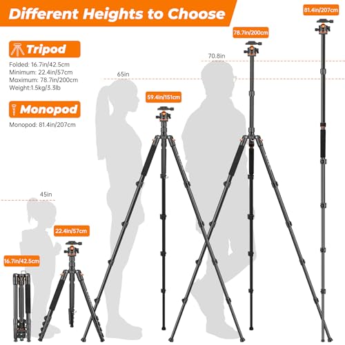 Victiv 200cm Trepied Appareil Photo, Trépied de Voyage Portable & Stable, Trépieds Caméra Aluminium avec 360° Rotule Ball & Monopode Amovible pour Canon Nikon Sony DSLR, Tripod pour iPhone Smartphone – Image 4