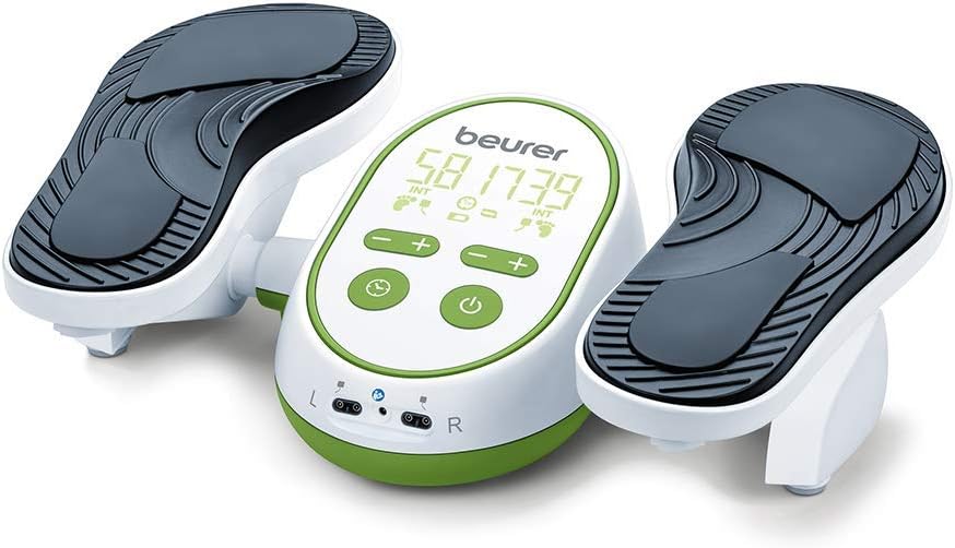 Beurer FM250 Aparato de masaje ems para pies y piernas, promueve la circulación y relaja la tensión muscular, 6 electrodos, 2 canales, temporizador, color blanco verde