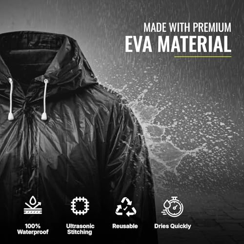 Image of EVA Reusable Raincoat with Hood (Black) - Pack of 1 | Elasticated Full Sleeves Outdoor Waterproof Raincoat for Men & Women | Rainwear | Button Closure | Knee Length | Universal Fit