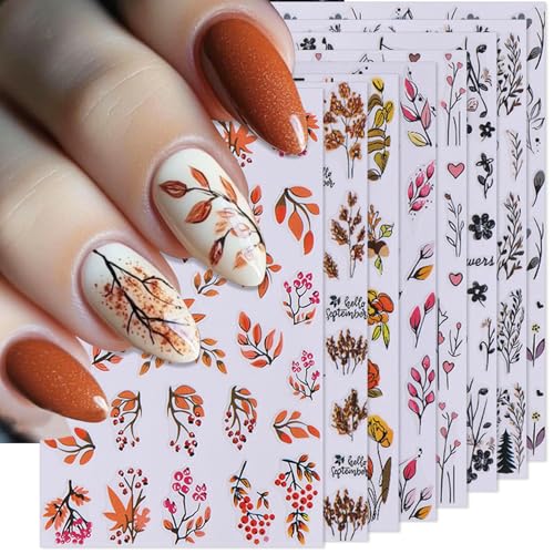 IDDFEVE 8 Sheets Fall Leaves Nail Stickers - Autumn Orange & Black Flowers Self-Adhesive 3D Nail Decals for Women Girls DIY Thanksgiving Day Floral Manicure