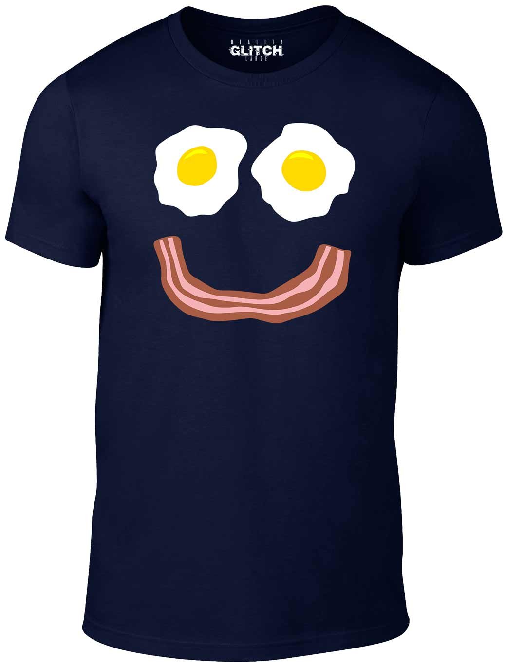 Reality Glitch Men's Bacon & Egg Smile T-Shirt. Navy Blue