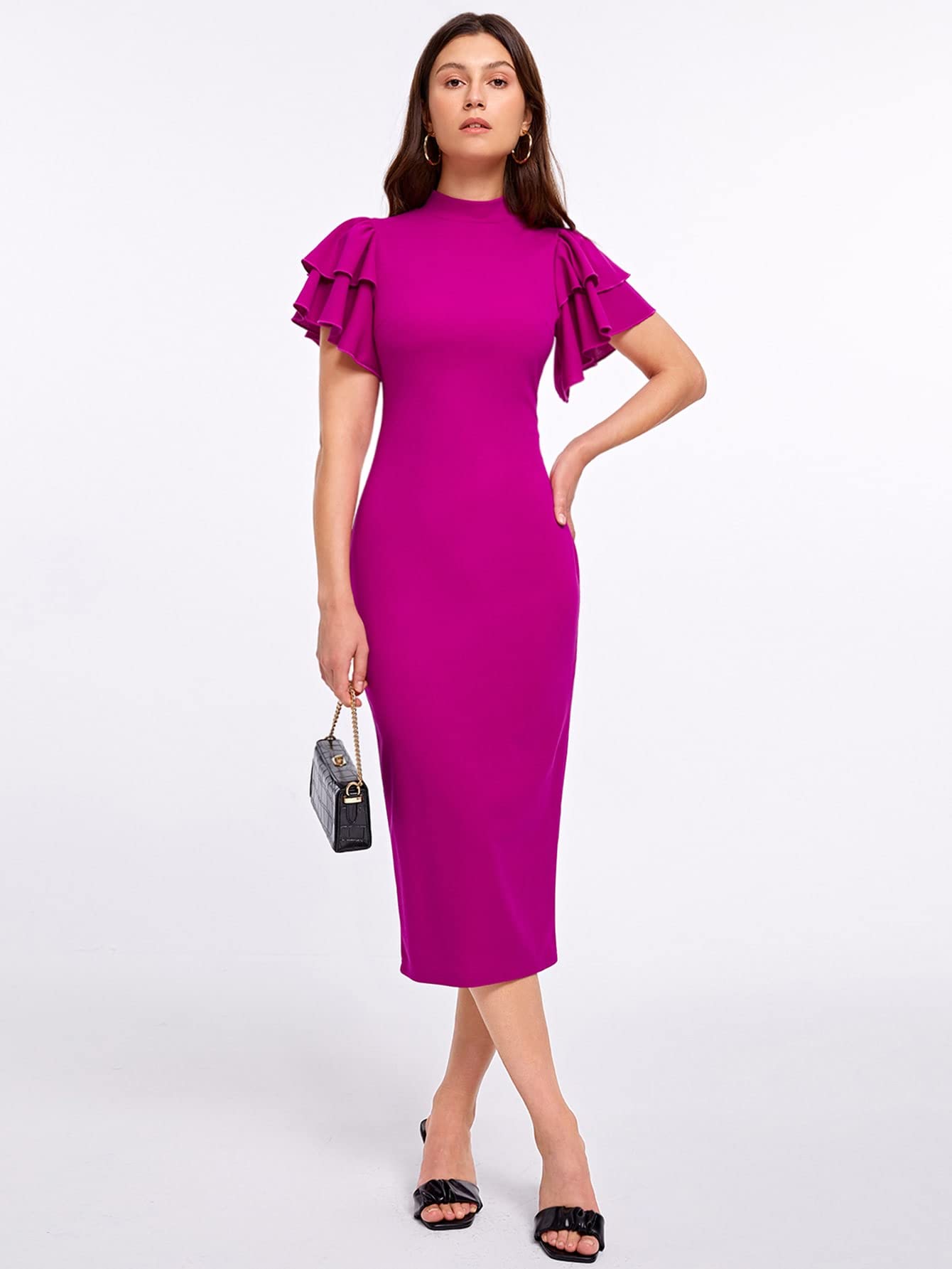 Amazon.com: Women's Dresses Layered Flutter Sleeve Split Back Bodycon Dress  Dress for Women(Red Violet,Small) : Clothing, Shoes & Jewelry
