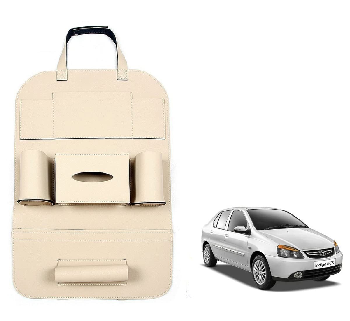 Oshotto Car Backseat Storage Organizer Phone Holder,Multi-Pocket for Bottles, Tissue Boxes,Kids Toy Storage and Great Travel Accessory Compatible with Tata Indigo (Beige)