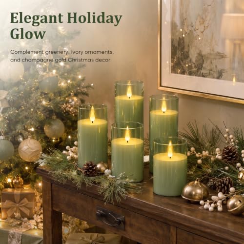 Image of Homemory Sage Green Flameless Candles, Acrylic LED Pillar Candles with Remote Timer, Set of 9