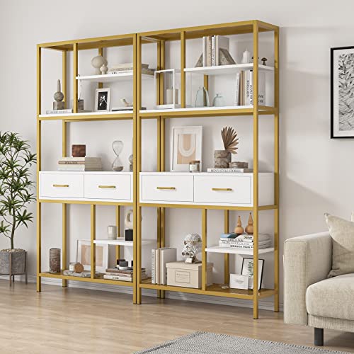 Hithos Bookshelf, Tall Bookcase With 2 Drawers And Storage Shelves, Industrial Etagere Bookcase Book Shelves For Office, Living Room, Bedroom, White/Gold #TOP1