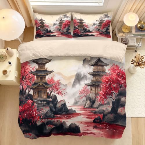 Housse de couette en microfibre supérieure motif rivière et fleur de cerisier blanc cassé - 2