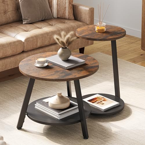 YITAHOME Set di 2 Tavolini da Salotto, Tavolini Gigognes con Tavolino Ausiliario a Forma di C, Tavolino da Divano con Spazio Contenitore per Soggiorno, Camera da Letto, Marrone Rustico