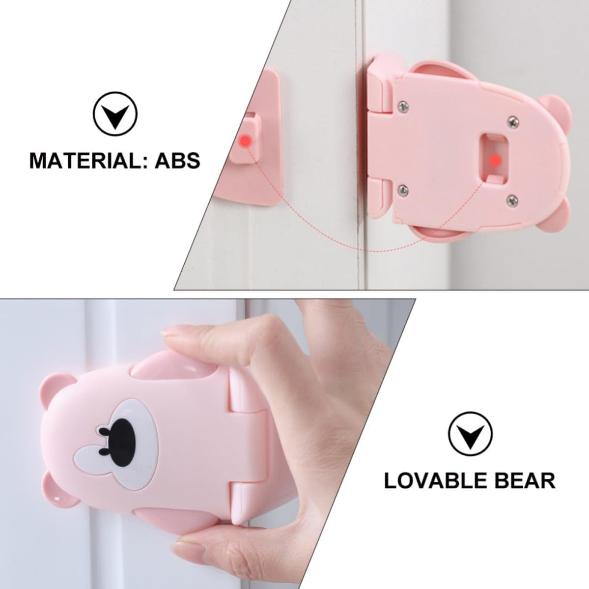 DOITOOL 3pcs Safety Cabinet Locks Bear Shape Abs Material, Double Button to Open and 90 Degree Curvature, for Microwave Oven and Cabinet Doors to Prevent Pinch Injuries