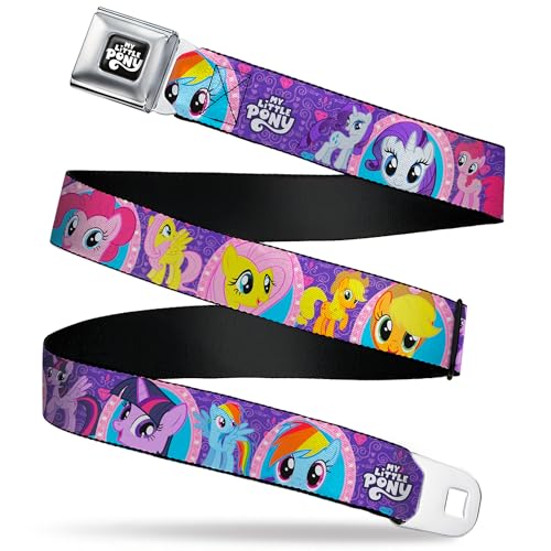 My Little Pony Belt, Seatbelt Buckle Belt, My Little Pony Mane Six Close Up Faces and Poses Purple Pink, Youth 20 to 36 Inches