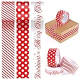 Whaline Christmas Packing Tape Gift Wrapping Tape Red White Xmas Stripe Dot Letter Printed Tapes for Small Business DIY Crafts Box Carton Decor, 3 Rolls, 109 Yard