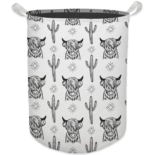 Image of HKTZM Western Laundry Basket, Retro Highland Cow Cactus Collapsible Laundry Hamper - Waterproof, Dirty Clothes Storage Bin - Perfect for Bathroom, Bedroom, Home Decor