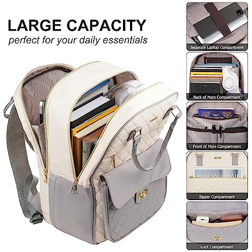 Image of Teen Girls School Backpack,15.6in Laptop Bag for Women,Big Schoolbag for Travel Work Nurse Teacher Uni,Gray-Beige
