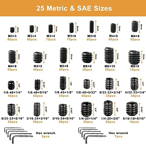 VIGRUE 1105PCS 25 Tailles métriques & SAE Kit d'assortiment de vis Kit interne de disque hexagonal Allen Grub Vis Set en alliage de point de coupe, M3 à M8 et 1/8-40 à 5/16-18