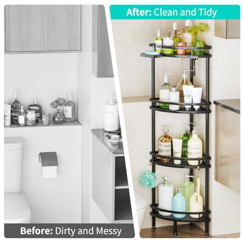 Image of HapiRm Standing Corner Shower Caddy - 4 Tier Shower Organizer Corner with Soap Holder and 4 Hooks, Rustproof Bathroom Storage Shelves with Adhesives, Black
