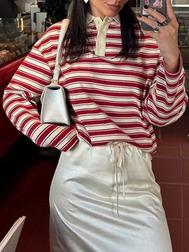 Sunloudy Women Oversized Rugby Polo Shirt Preppy Long Sleeve Striped Lapel Collared Vintag Sweatshirt Teen Girl Pullover Top3