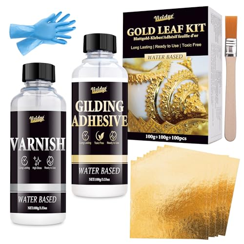 Gold Leaf Gilding Adhesive Set - 100ml Water Based Glue & 100ml Protective Varnish Gold Leaf Sheets 100pcs Fast dry Gilding Adhesive for Art Crafts jewelry Furniture and Painting Long-Lasting