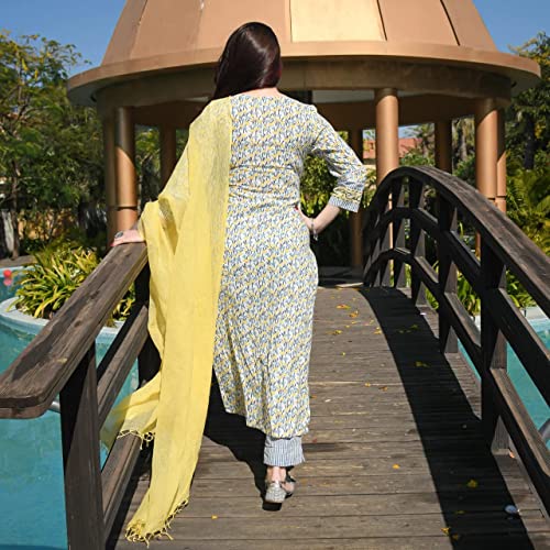 Image of GoSriKi Women's Cotton Blend Printed Straight Kurta with Pant & Dupatta