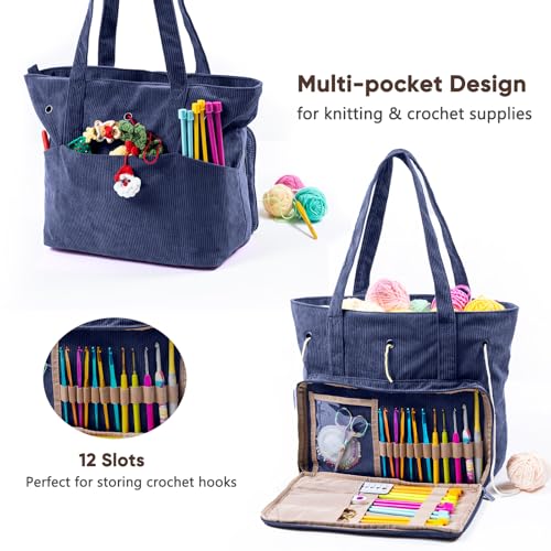 Image of MYBAGZING Large Yarn Tote Organizer - Corduroy Knitting Storage Holder for Yarn, Hooks & Accessories, Portable Craft Carryall for Crocheting Lovers, Mother's Day Gift
