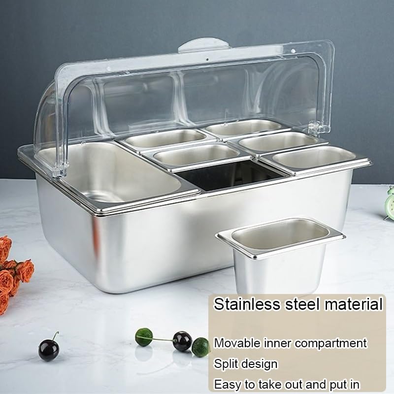 Countertop Food Serving Display Container, Buffet Condiment Dispenser Display Rack with Clear Lid Freezer Boxes for Restaurant Hotel Kitchen Party(Silver-B,A)