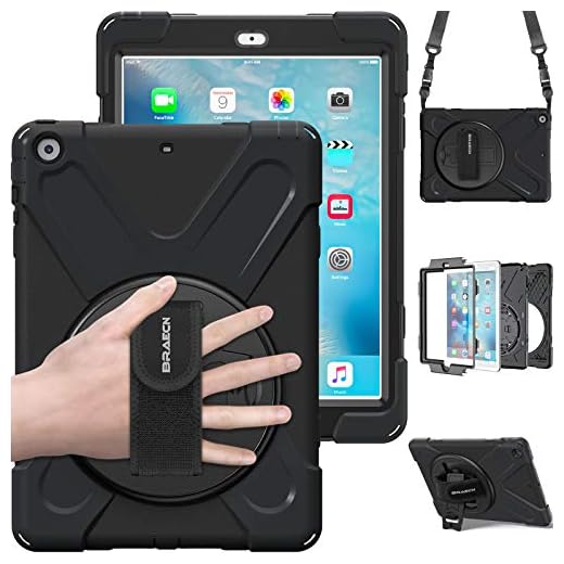 BRAECN iPad Air Shockproof Case [Heavy Duty] Full-Body Rugged Protective Case with 360 Degree Swivel Kickstand/Hand Strap/Shoulder Strap for Apple iPad Air 1st Generation 9.7 inch Case (Black)
