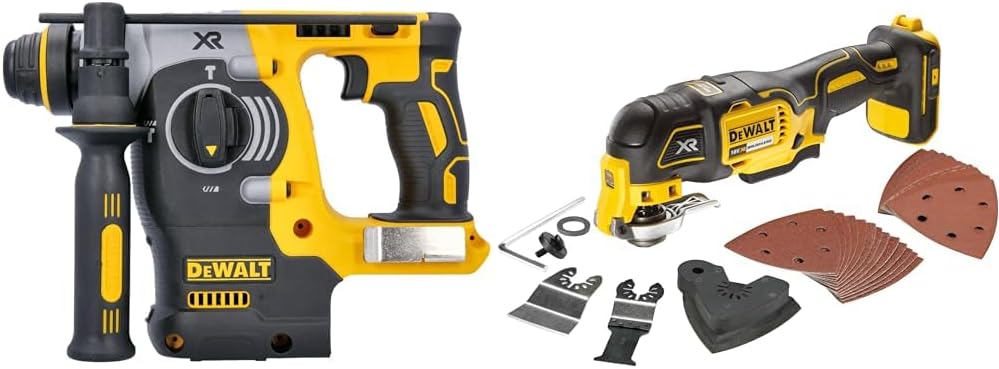DEWALTDCH273N-XJ 18V XR Li-Ion SDS Plus Rotary Hammer Drill, 18 W, 18 V, Yellow/Black & DCS355N-XJ Oscillating Multi-Tool 18V Li-Ion Cordless Brushless Battery Powered, Large