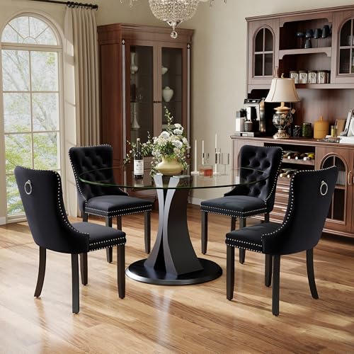 SIZOTA 5-Piece Dining Table Set with 47In Tempered Glass Table and 4 Velvet Upholstered Chairs, Modern Scandinavian Furniture for Dining Room Kitchen(Black)