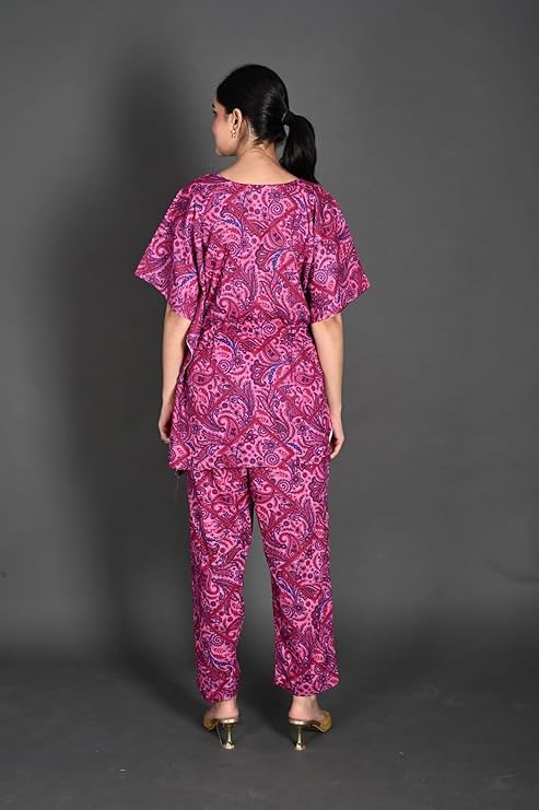 Image of Vlazom Women's 100% Cotton Printed Kaftan & Pyjama Set - Combo Pack of 2 | Free Size Nightwear with Pocket | Soft Cotton Loungewear Co-ord for Women