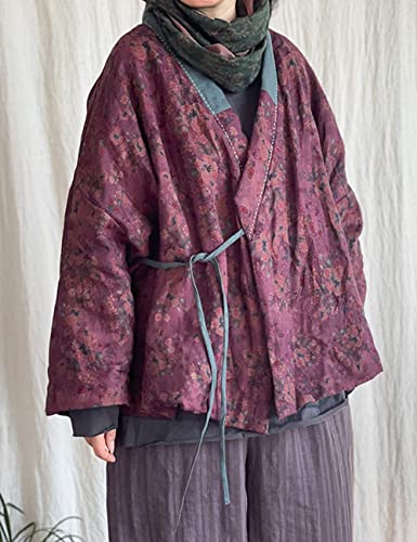 NFYM Women\'s Cotton Padded Short Jacket Kimono Cardigan Wrap Front Chinese Hanfu Style Printed Patchwork Loose Outwear (Purple, One Size) - Thumbnail 4
