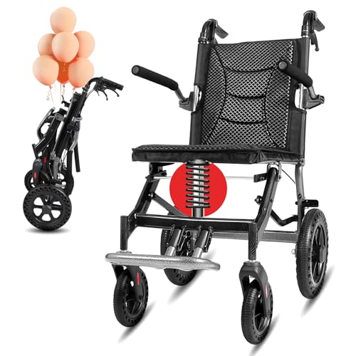 CUIOT Ultra-Lightweight Transport Wheelchair- Portable Folding Wheelchair w/Flip-Backs Arms & Swing-Away Footrests, Travel Wheelchair with Shock Absorption & Anti-Tippers, 220-Ib Weight Capacity