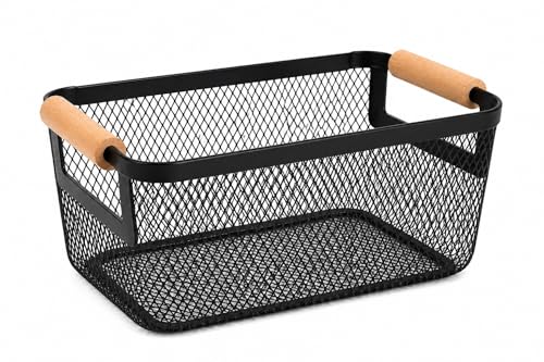 Cesto Organizador Multiuso Metal com Alça de Madeira Preto 23x17x10cm para Banheiro Cozinha Escritório